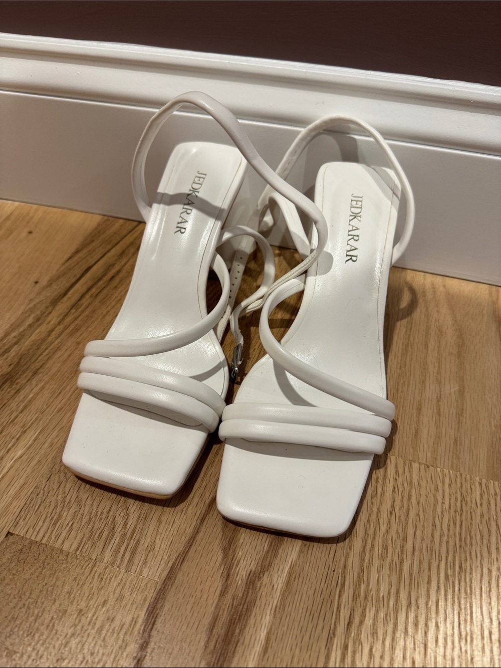 White Square-Toe Strappy Heeled Sandals